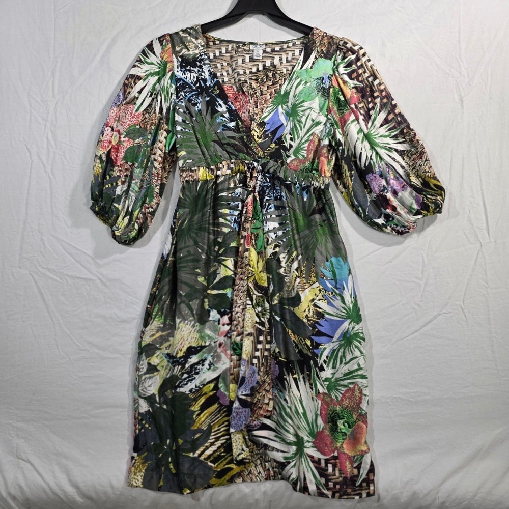 Vintage Cache 100% Silk Dress Sz 8 | Y2K Tropical Leaf Print Pullover Belted